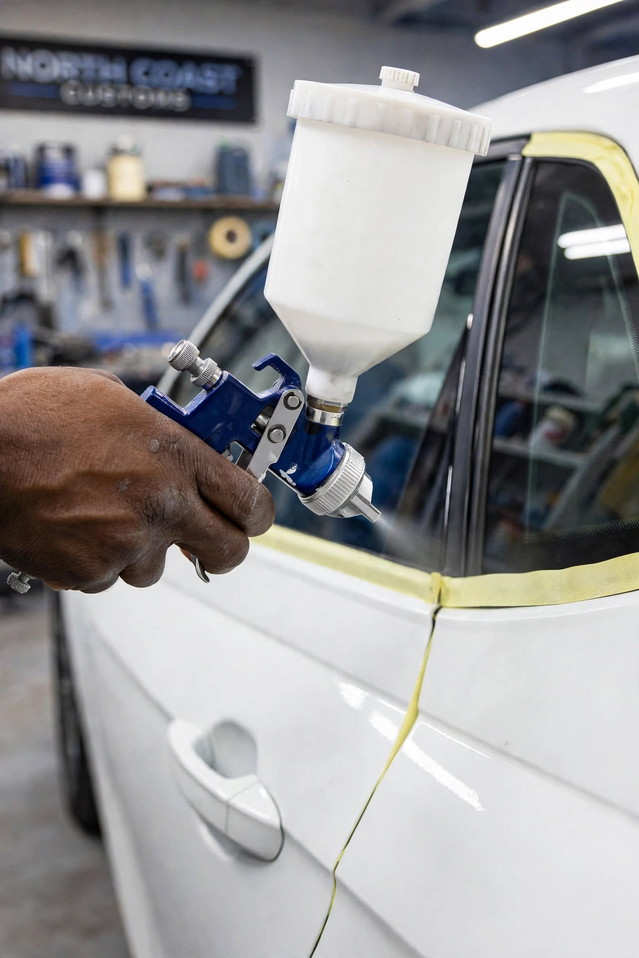 Technician spraying a car panel